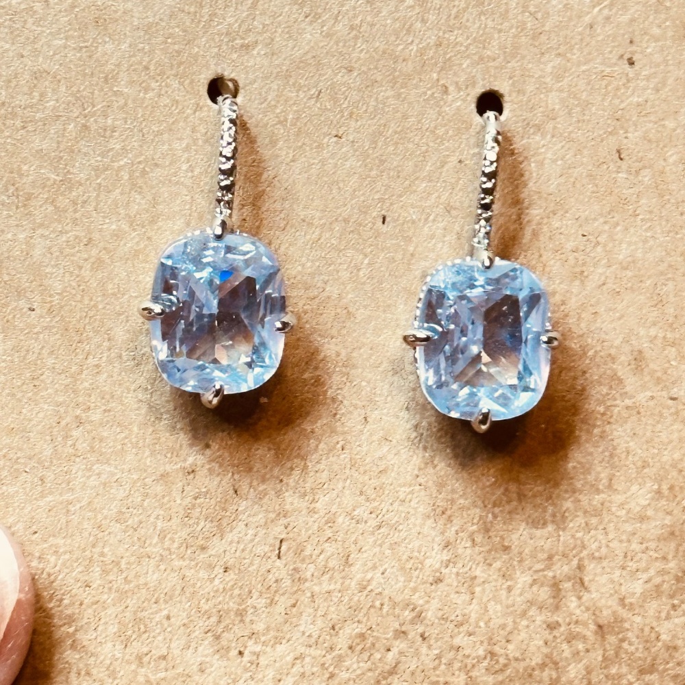 Silver Tone Earrings w/Oval Lab Created Pale Blue Stones NWOT - Picture 3 of 13